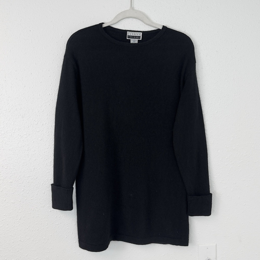 VTG Express Tricot 90s Womens Black Sweater Angora Wool Blend Minimalist Size XS